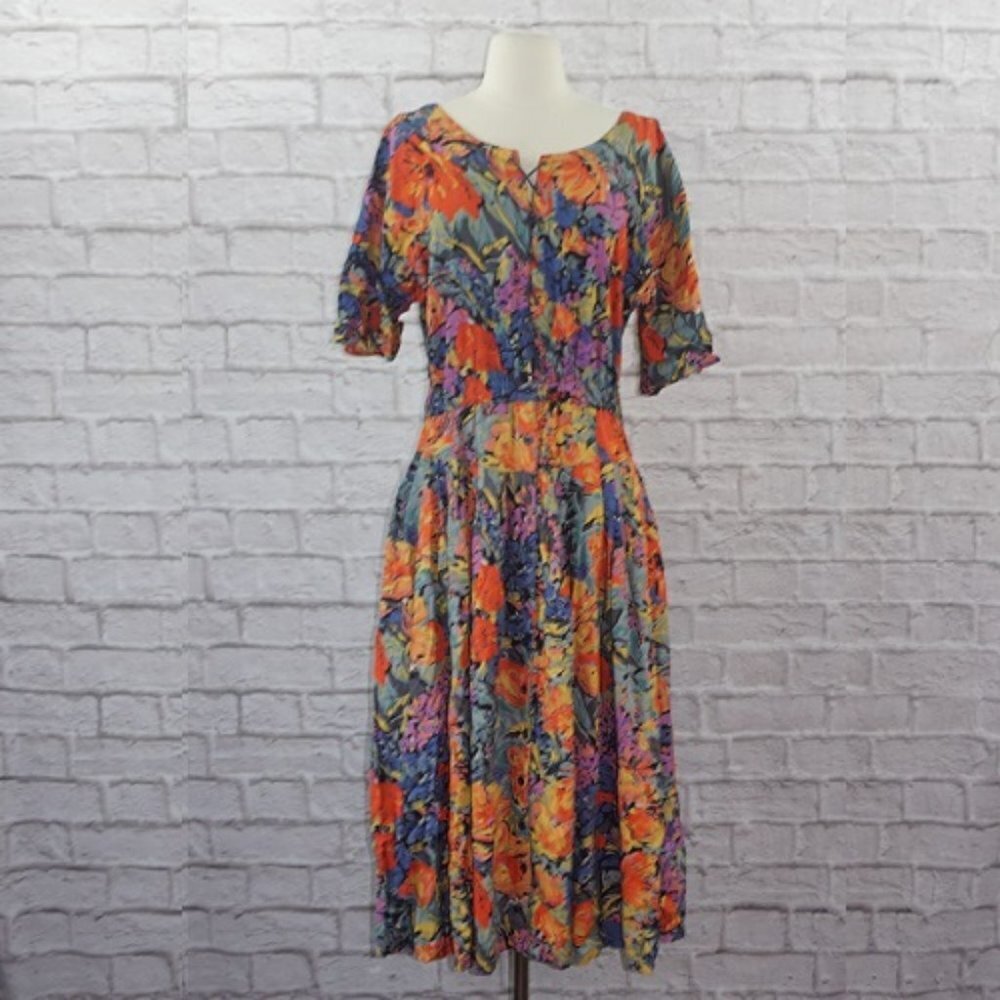 Vintage 80s Rainbow Floral Midi Dress